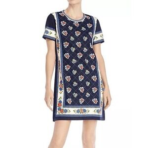 TORY BURCH Tory Burch Printed Shirt Dress Navy Tea Rose Border Pima Cotton S
